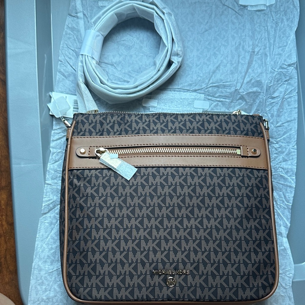 Michael Kors Black and Brown Logo Nylon Crossbody Bag